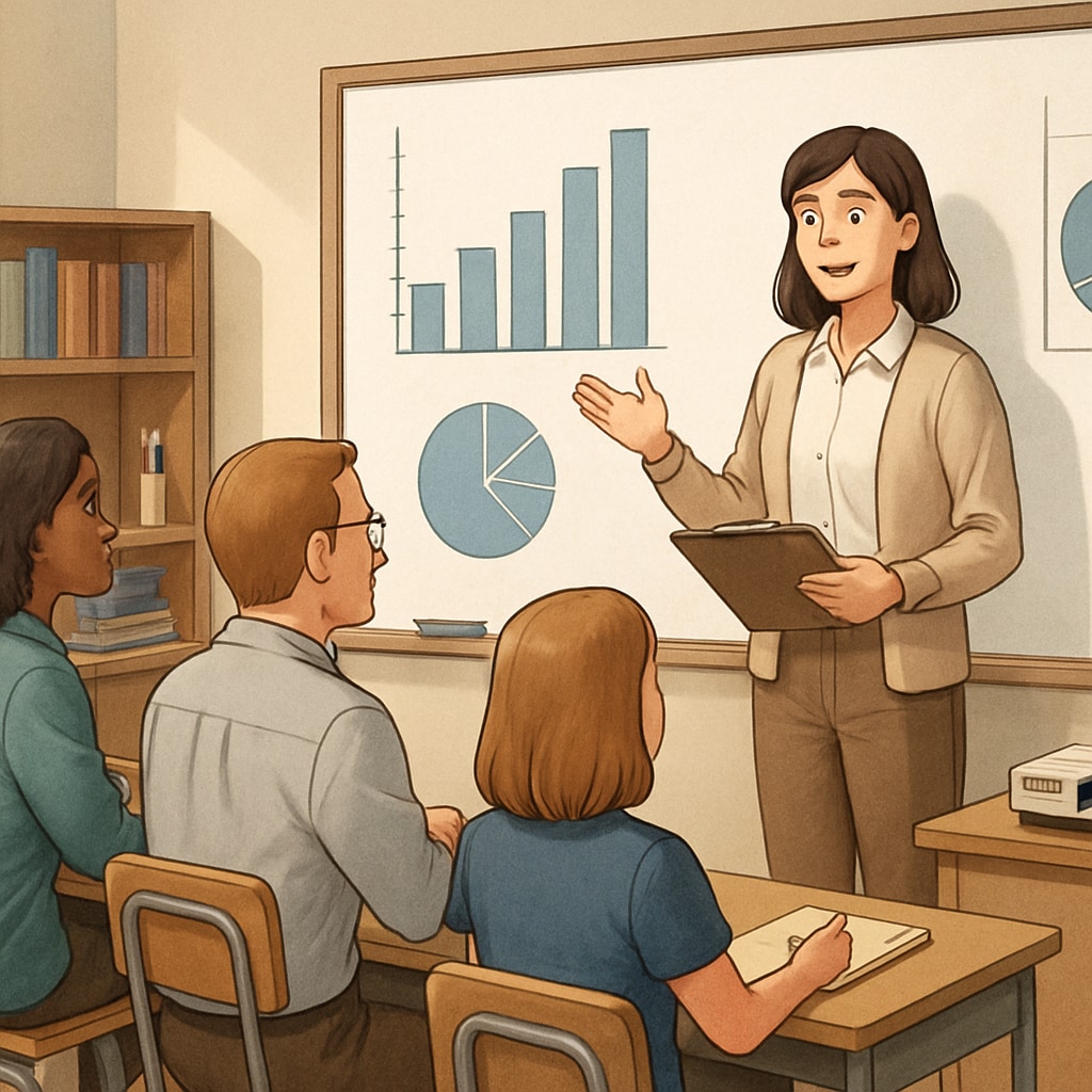 A graduate student presenting research findings in an educational setting, symbolizing efforts to connect with K12 counselors. Graduate student presenting research findings to connect with K12 school counselors.