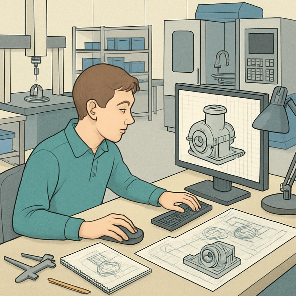 A student working on a CAD (computer-aided design) model in a modern engineering lab, showcasing advanced tools used in design engineering. Design engineering student working on a CAD model in a lab
