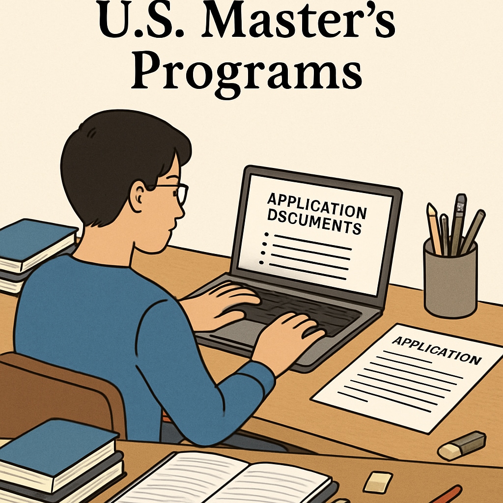 A student reviewing application documents on a laptop, surrounded by study materials, reflecting the application process for U.S. master’s programs. Student preparing documents for U.S. master’s program application.