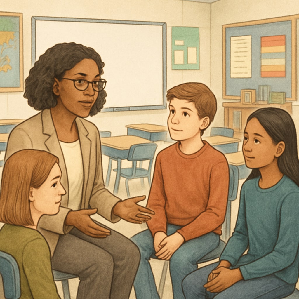 A school counselor talking to students in a classroom setting, illustrating their daily responsibilities and interaction with students. School counselor interacting with students in a classroom setting.