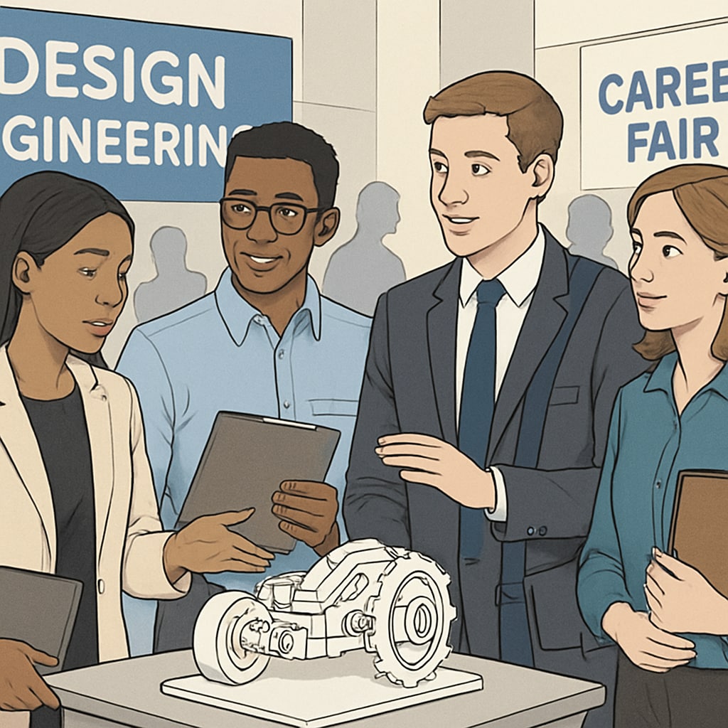 A group of design engineering graduates discussing a prototype during a career fair, illustrating real-world applications and networking opportunities. Design engineering graduates discussing a prototype at a career fair