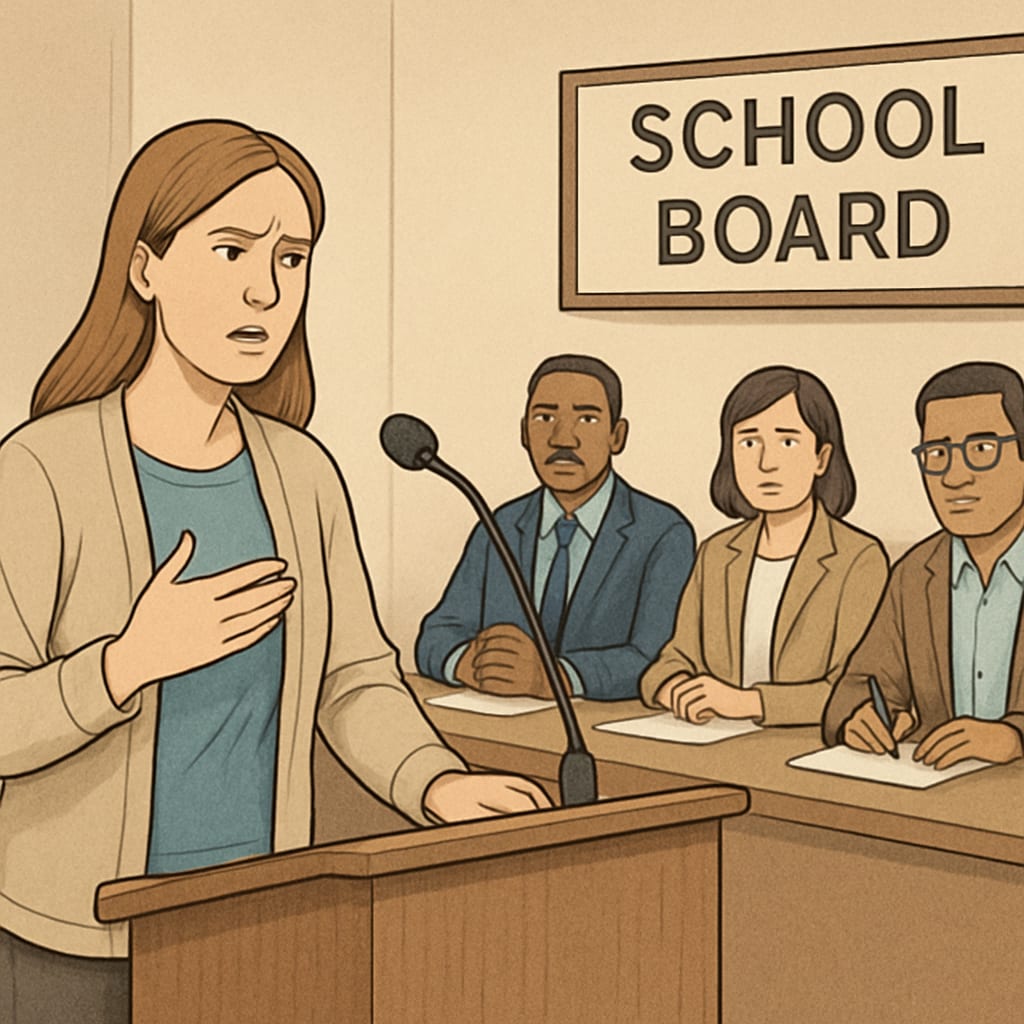 A concerned parent addressing a school board about child safety concerns. Parent discussing child safety at a school board meeting.