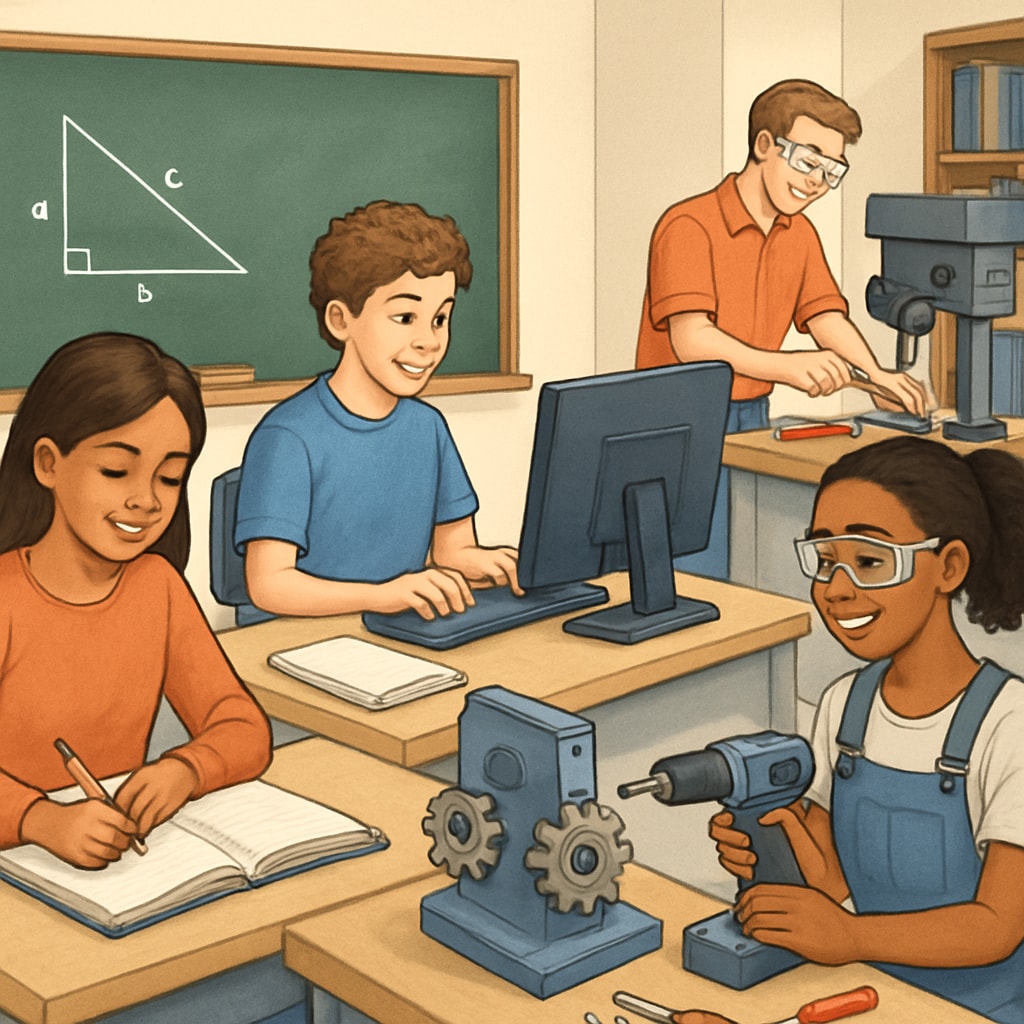 A classroom featuring students working with technical equipment alongside traditional learning tools, showcasing integration between Career and Technical Education and traditional subjects. Students in a blended classroom of Career and Technical Education and traditional subjects.