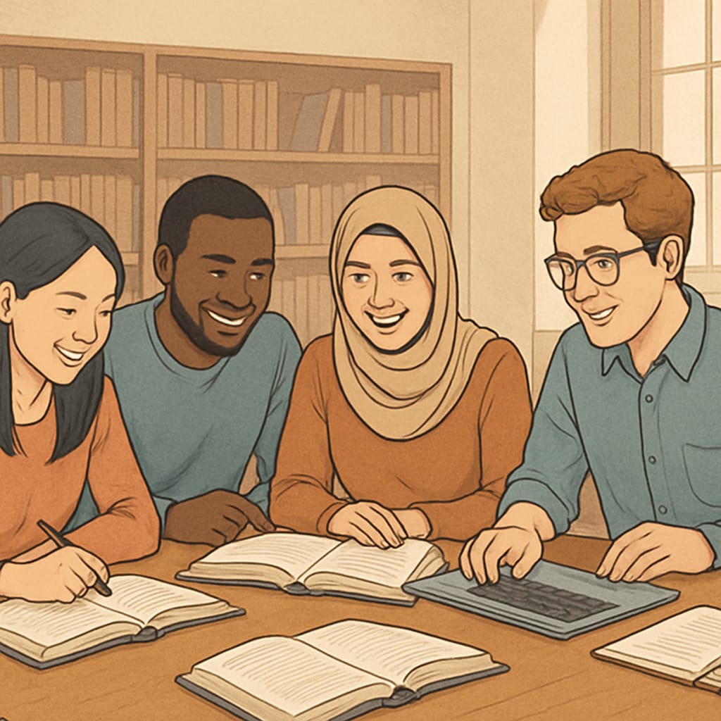 A diverse group of adult international students studying together in a library, symbolizing collaborative learning and cultural exchange. Adult international students collaborating in a library, bridging humanities knowledge gaps.