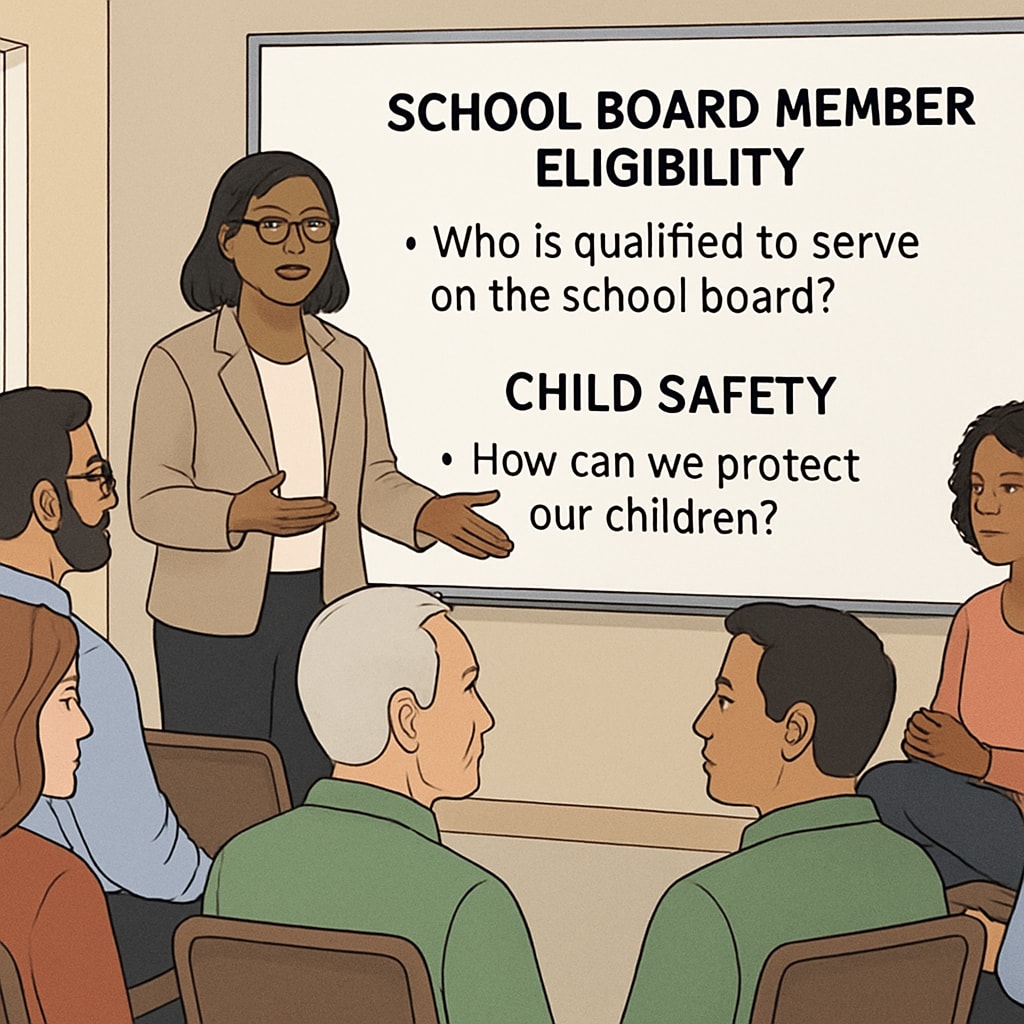 A community meeting discussing school board member eligibility and child safety. Community members debating school board standards for child safety.
