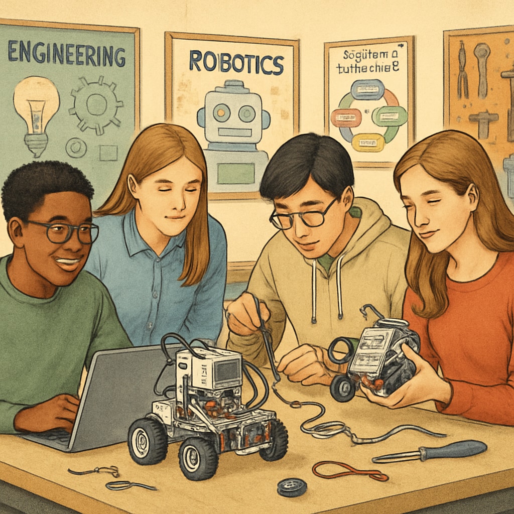 High school students engaged in a robotics workshop, demonstrating both technical and teamwork skills. The image highlights the practical application of Career and Technical Education. Students working on robotics projects during a Career and Technical Education workshop.