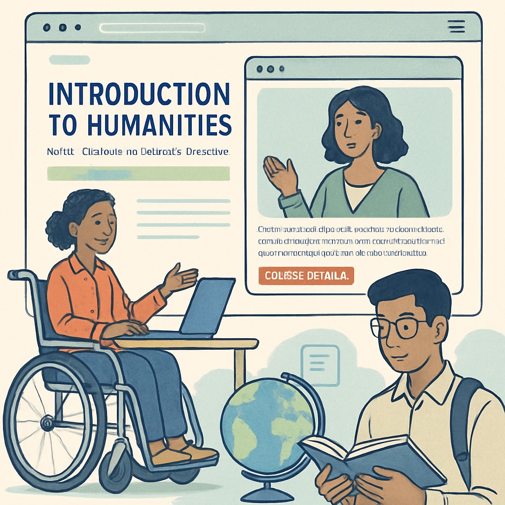 An online platform showing an introductory humanities course, highlighting accessible learning opportunities for international students. Online course platform featuring humanities education for adult international students.