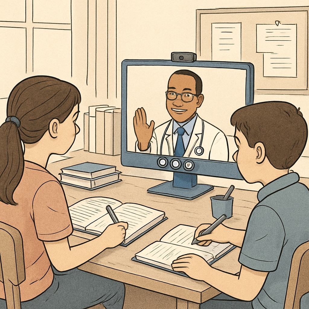 Students engaging with a healthcare professional during a school project interview.