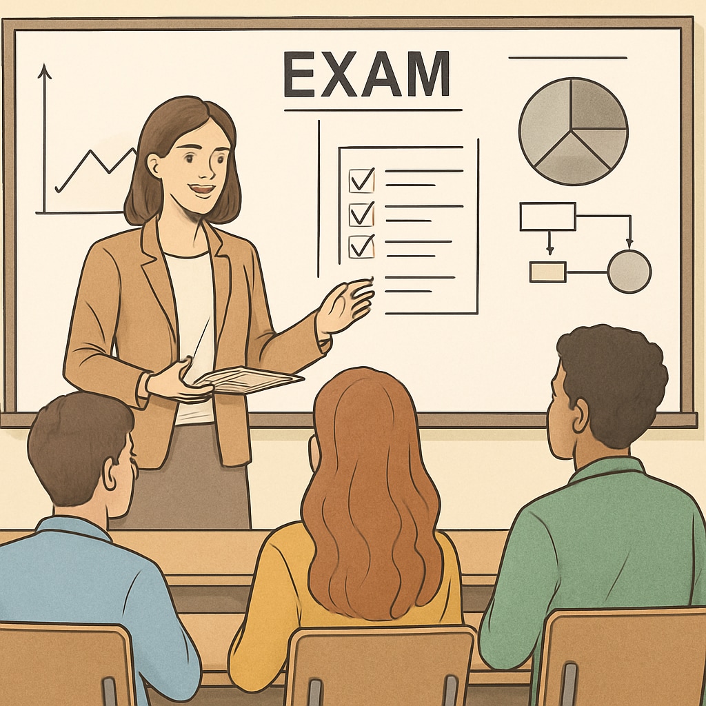 Teacher explaining exam resources to students as teaching tools.