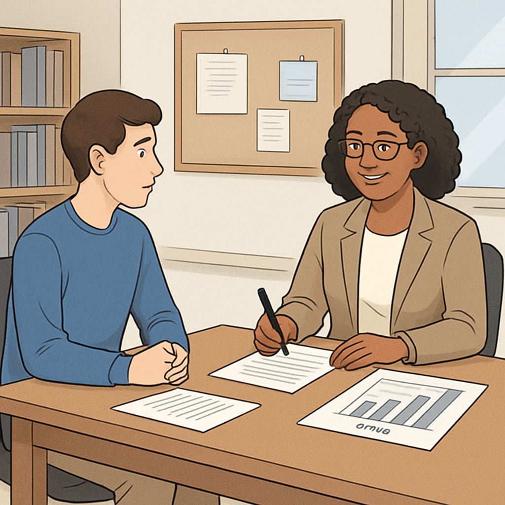 A high school student meeting with a counselor to review their credit progress. High school student discussing credit recovery options with a guidance counselor.