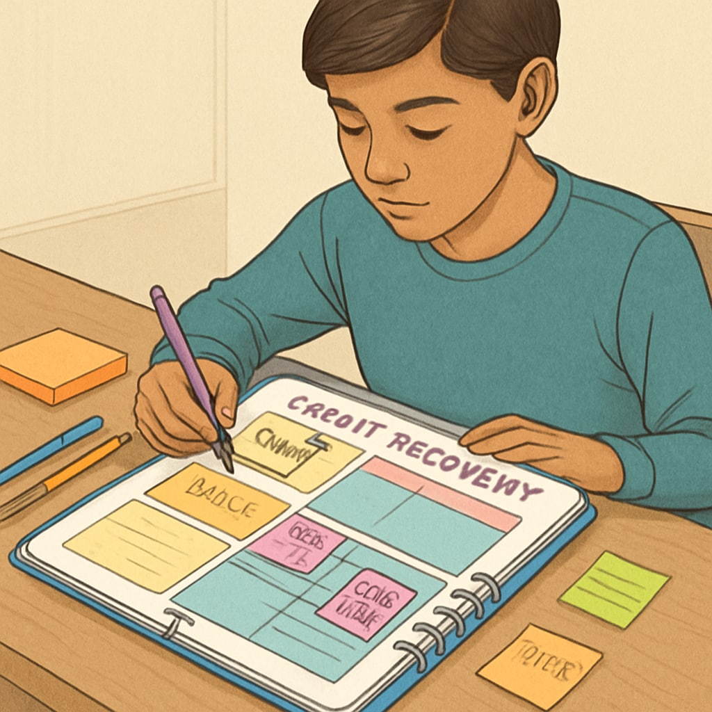 A high school student organizing a colorful planner to manage their credit recovery plan. High school student managing credit recovery with a planner.