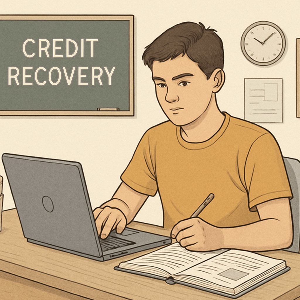 A student studying on a laptop, taking an online high school course to recover credits. High school student participating in an online credit recovery program.
