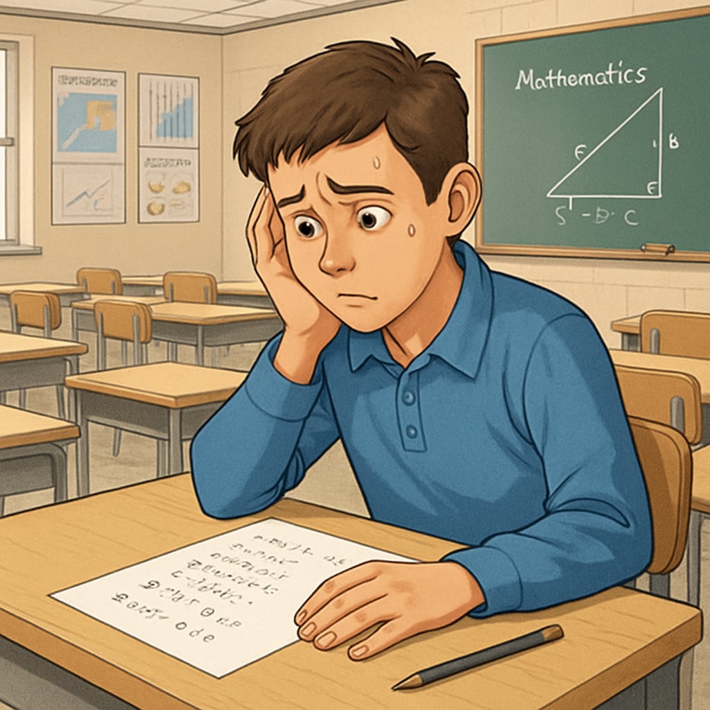A high school student nervously staring at a multiple-choice math test paper in a classroom setting. Student showing signs of math anxiety while attempting a multiple-choice question.