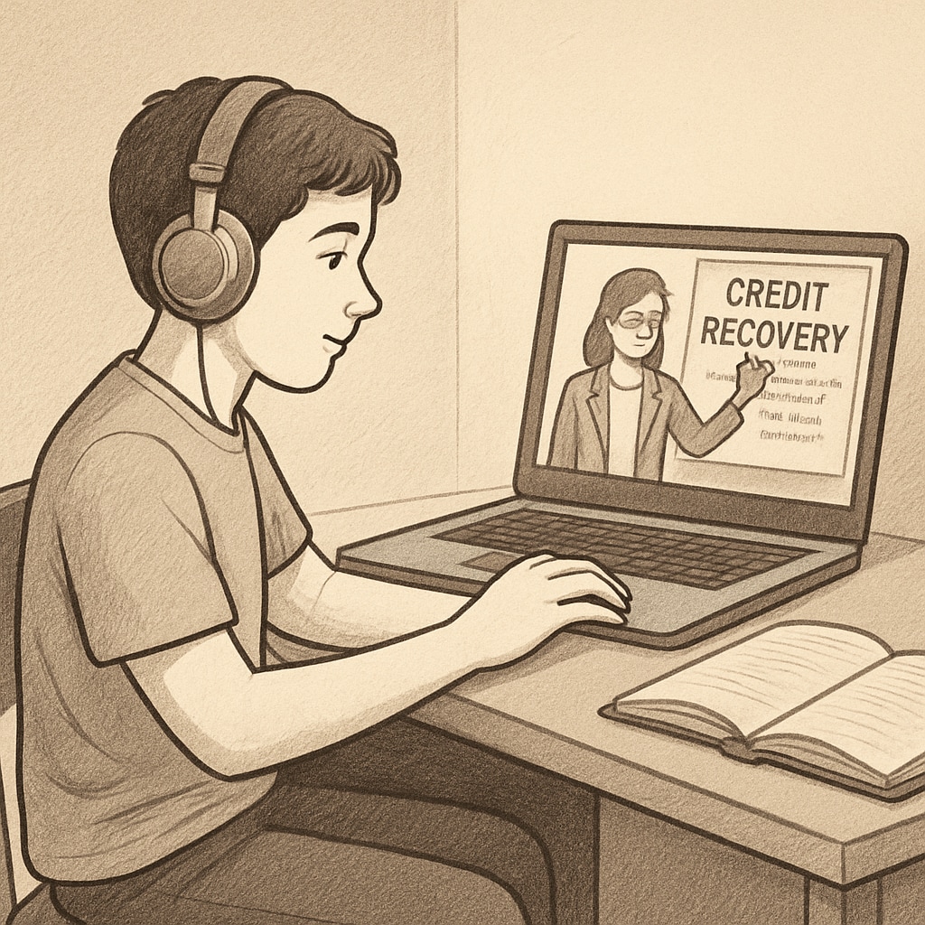 A student using a laptop and headphones while attending a virtual credit recovery session. Student attending online credit recovery class.