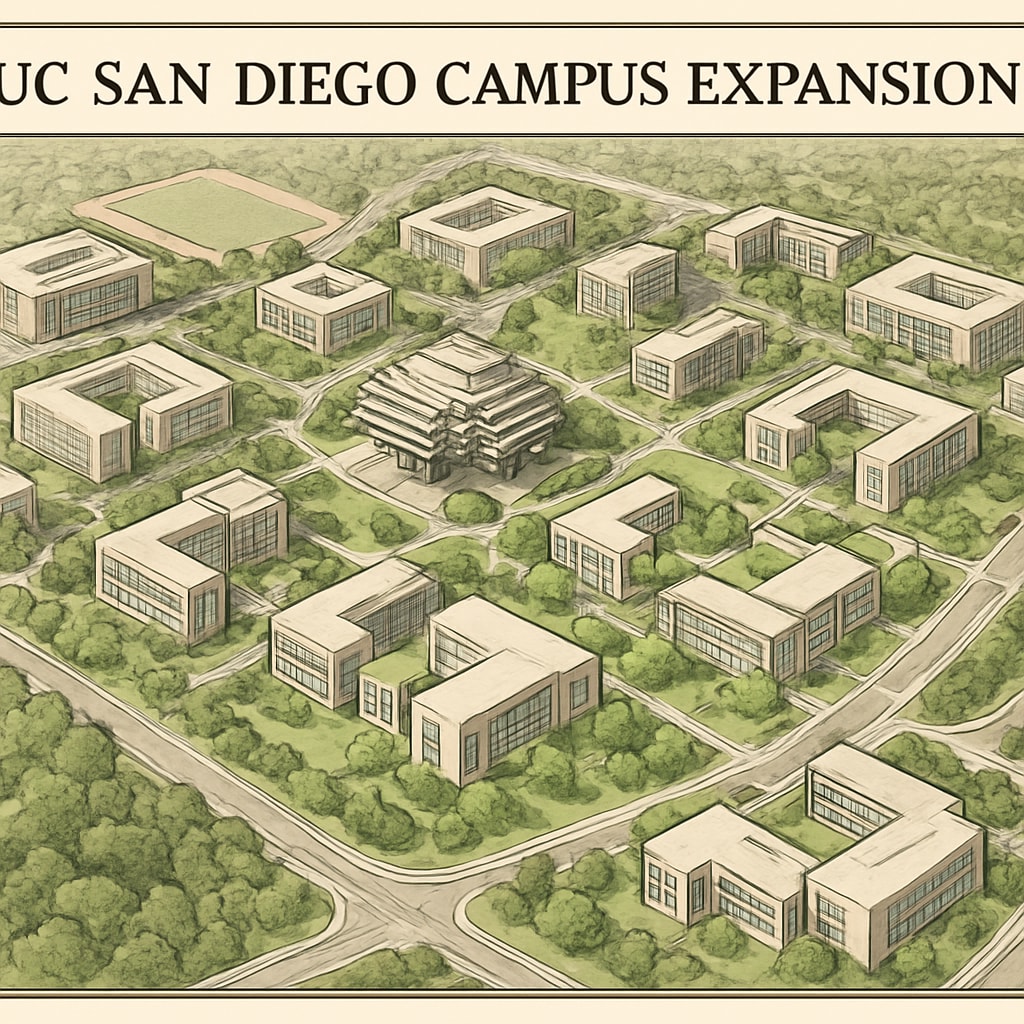 UC San Diego campus expansion plans, featuring new buildings and facilities to accommodate increased student enrollment. UC San Diego campus expansion highlighting new buildings and infrastructure for student growth.