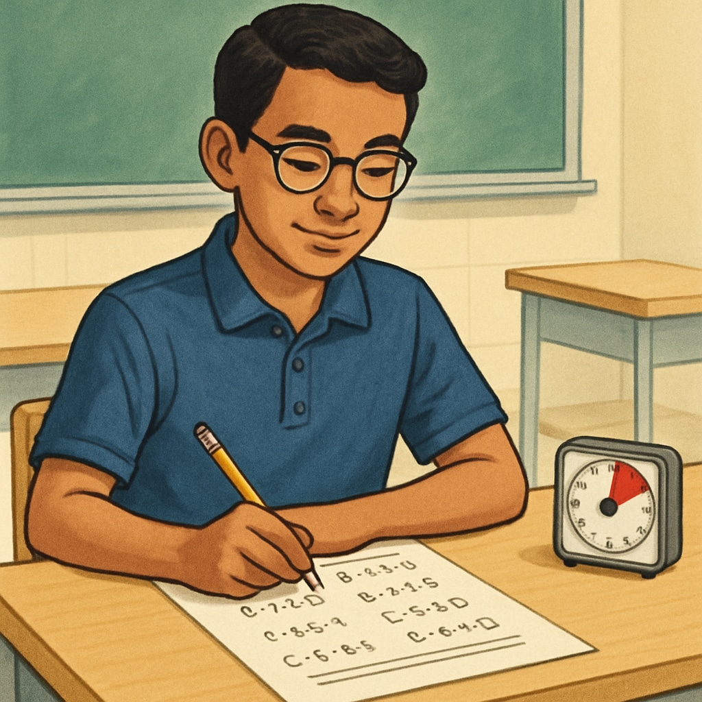 A confident student solving a multiple-choice math test with a timer on their desk, symbolizing reduced anxiety. Confident student tackling a math exam with ease, showcasing reduced anxiety.
