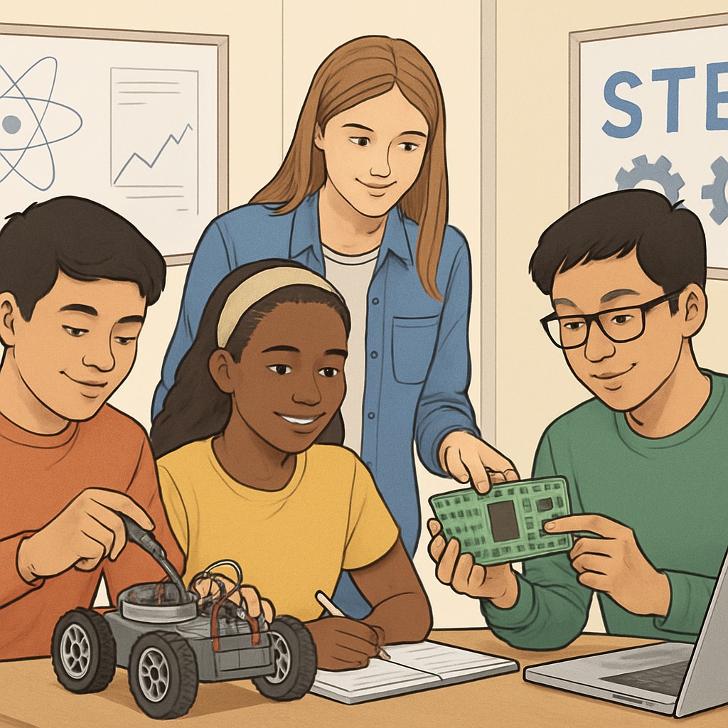 A diverse group of high school students working on STEM projects, symbolizing the preparation for UC San Diego’s inclusive education goals. High school students collaborating on STEM activities, representing college readiness efforts.