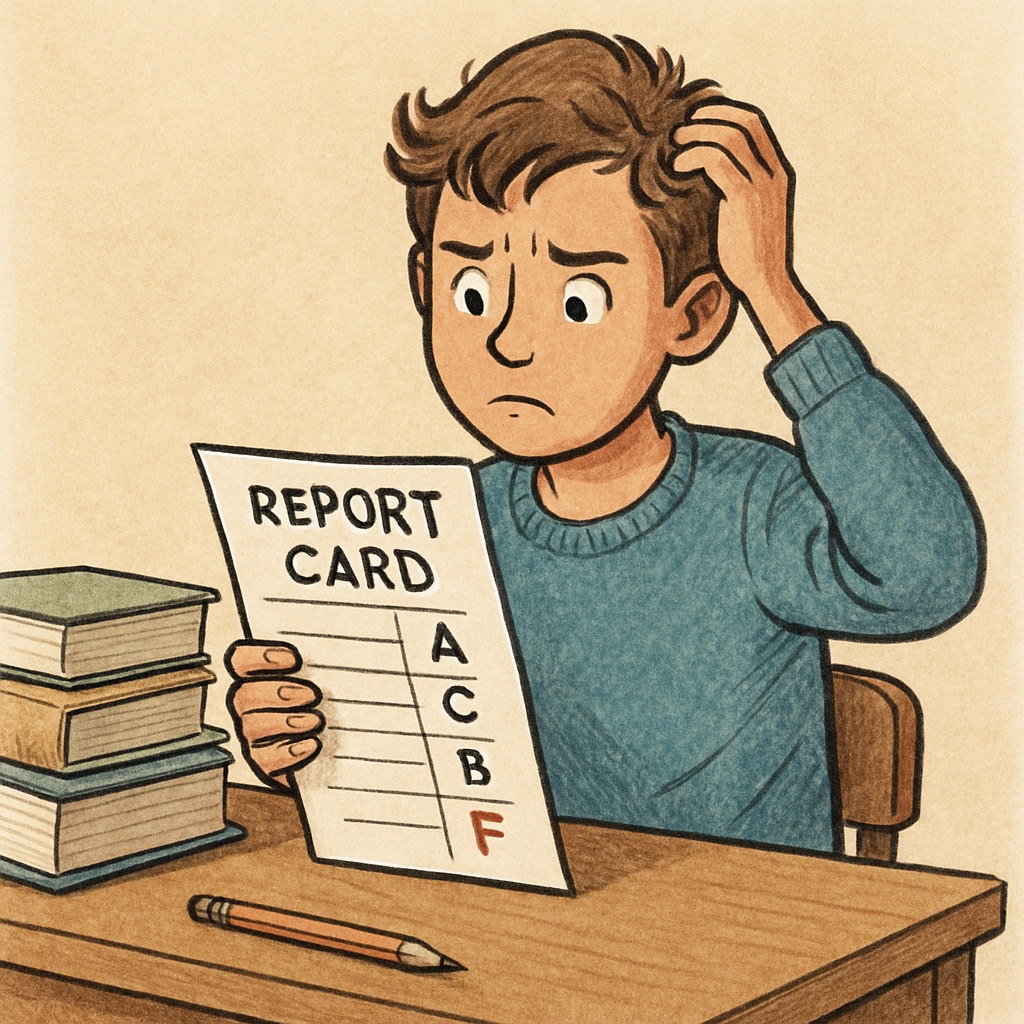 A student looking confused while reviewing grades on a report card, symbolizing the limitations of traditional grading. Student reviewing grades on a report card, illustrating flaws in traditional grading systems.