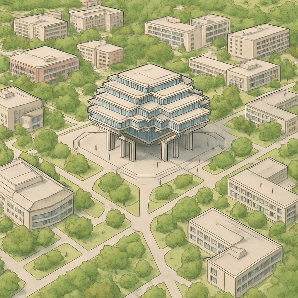 A bird’s-eye view of UC San Diego campus, featuring the Geisel Library and surrounding buildings. UC San Diego campus view with Geisel Library and academic buildings.