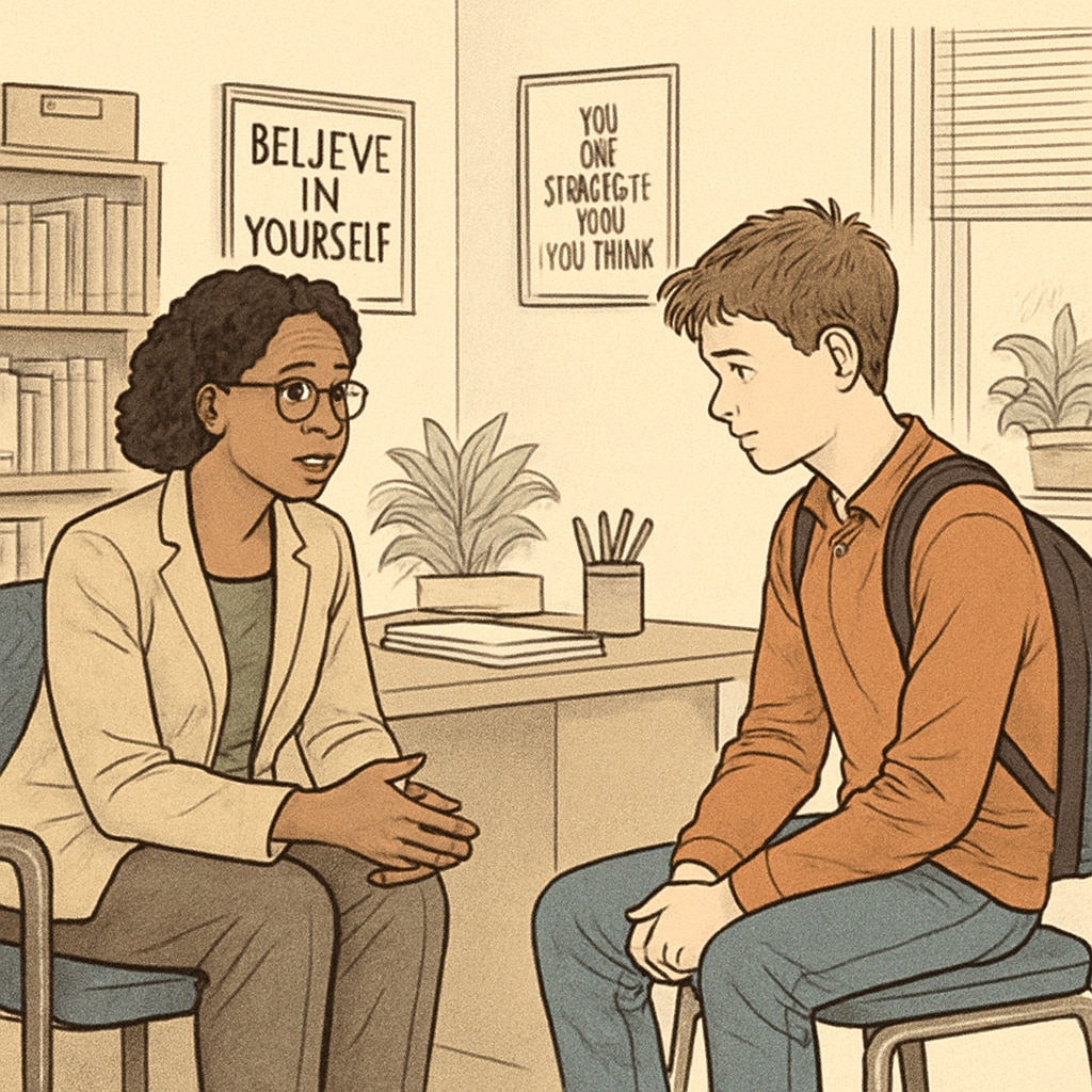 A school counselor in discussion with a high school student in a counseling office. K-12 school counselor talking with a student during a session.