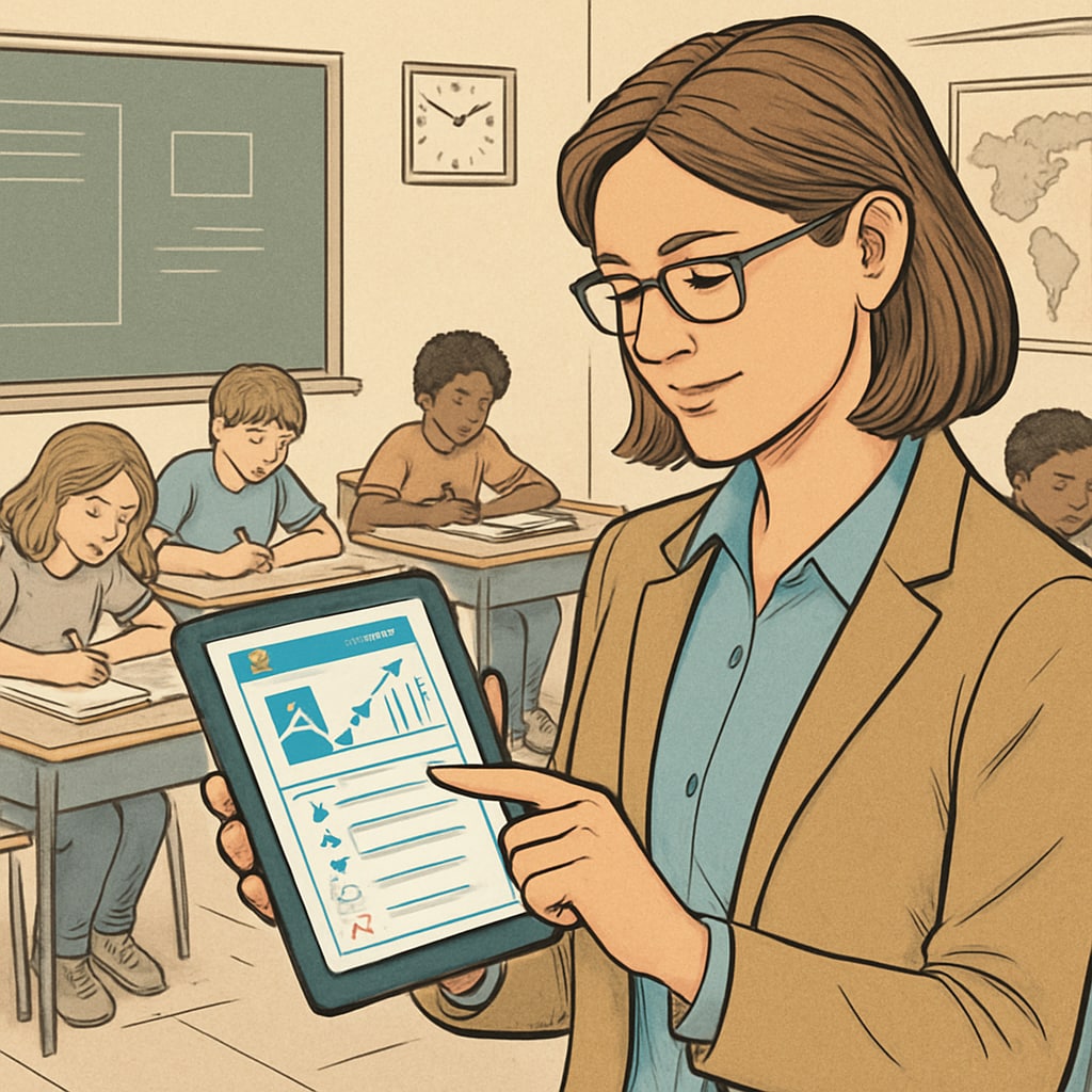 A teacher using a tablet to monitor student progress through real-time tracking software in a classroom setting. Teacher monitoring real-time student progress in a classroom using a tablet.