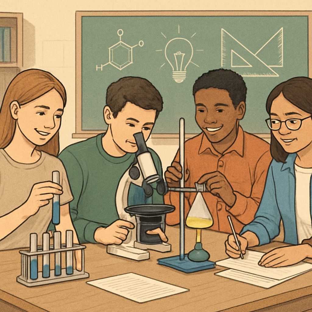 High school students engaging in a STEM lab activity, showcasing hands-on learning. High school students in a STEM lab preparing for higher education.