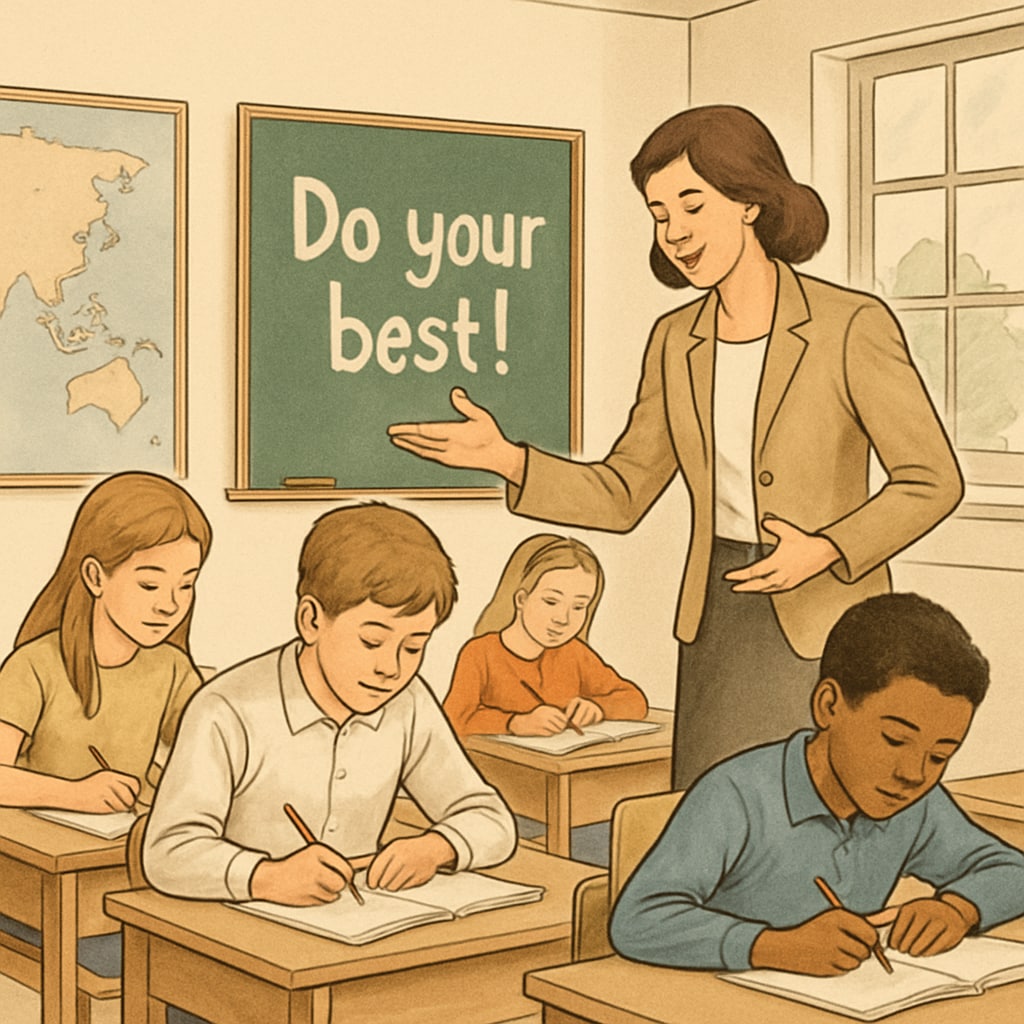 A classroom environment where a teacher is visibly pushing students to perform at their best. A teacher in a classroom pushing students toward excellence, illustrating strict methods.