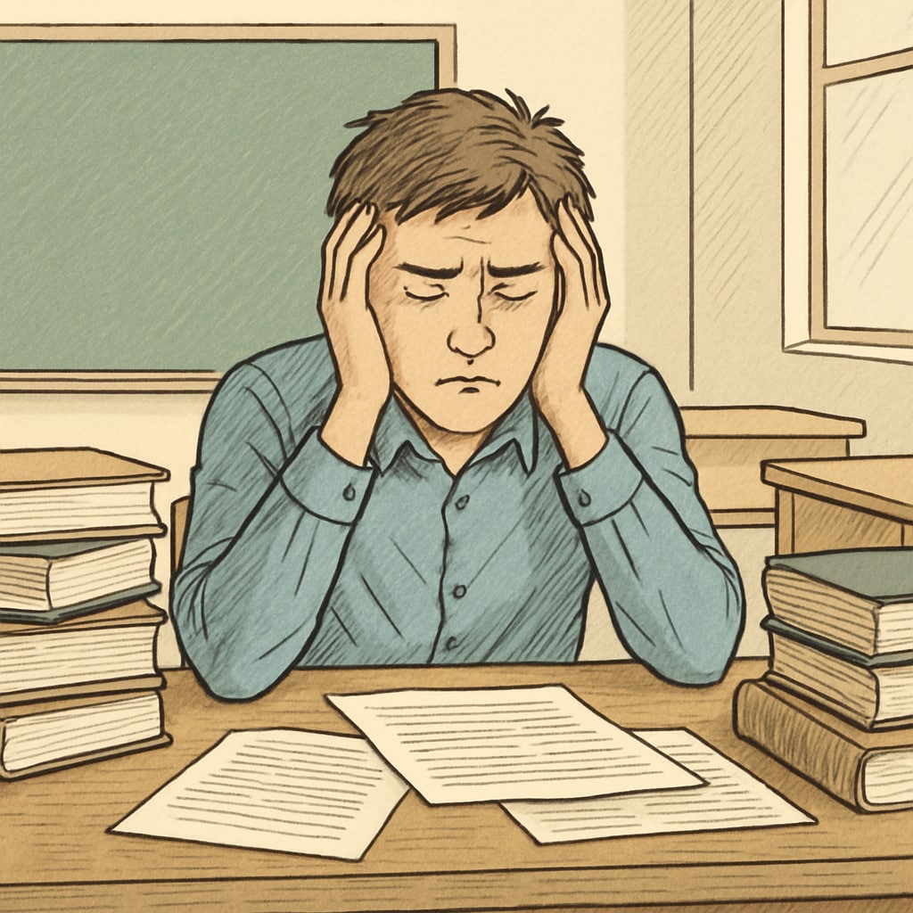 A stressed student in a classroom setting, looking overwhelmed by academic pressure. A student overwhelmed by academic pressure, representing the ethical cost of strict methods.