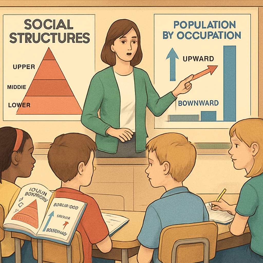 A classroom setting with students learning about social studies, focusing on societal structures and mobility. Students in a classroom discussing social mobility and class systems.