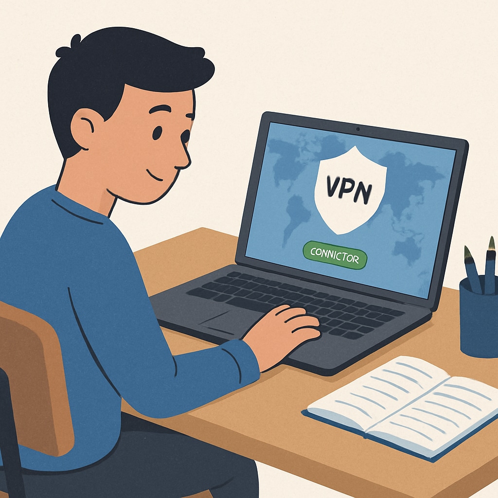 A generic illustration of a student using a laptop with a VPN interface open, symbolizing digital navigation and privacy concerns. A student using a laptop with a VPN interface, reflecting age verification and VPN issues.