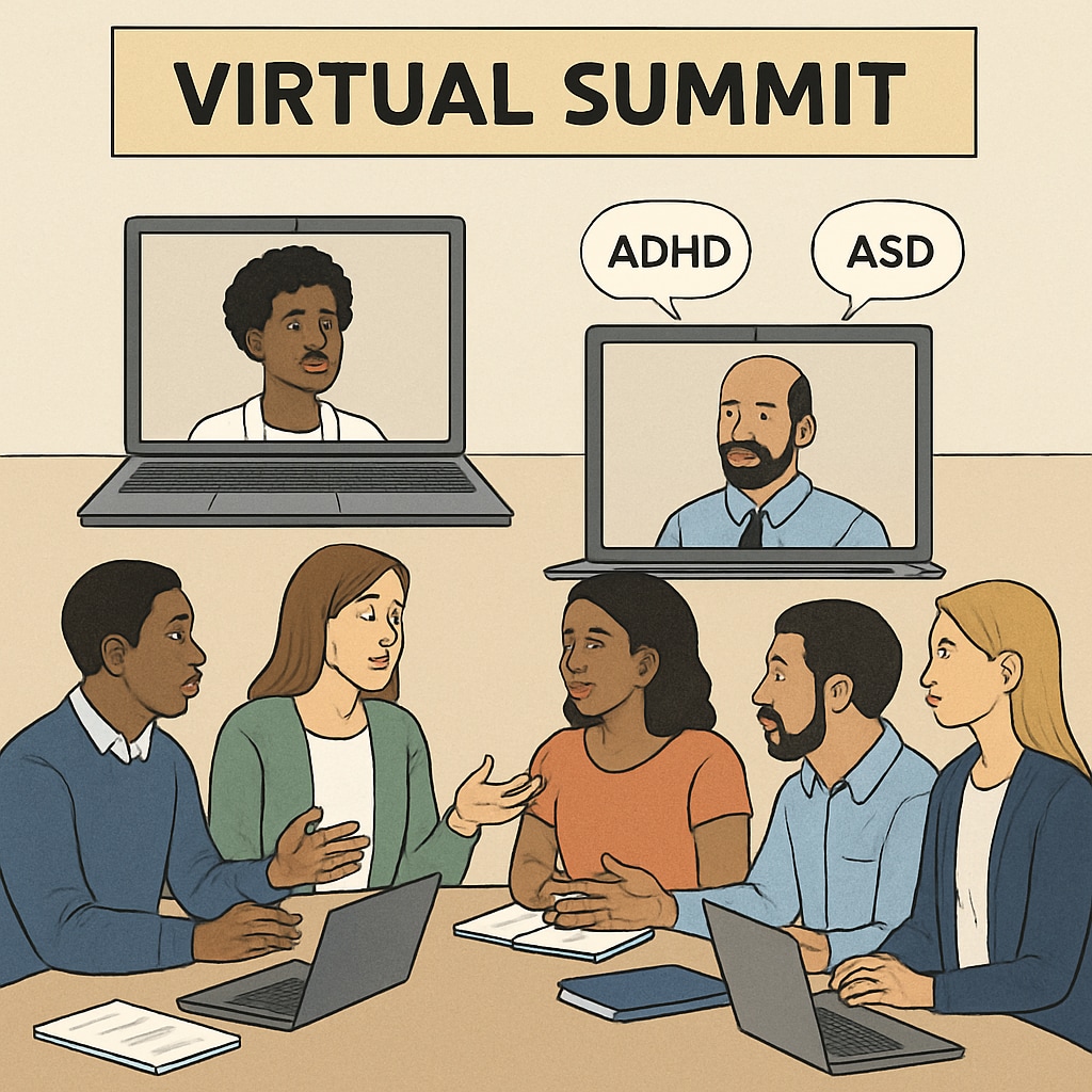 A group of parents and experts participating in a virtual summit for ADHD and ASD support. Parents and experts discussing strategies for executive function support for ADHD and ASD children during a virtual summit.