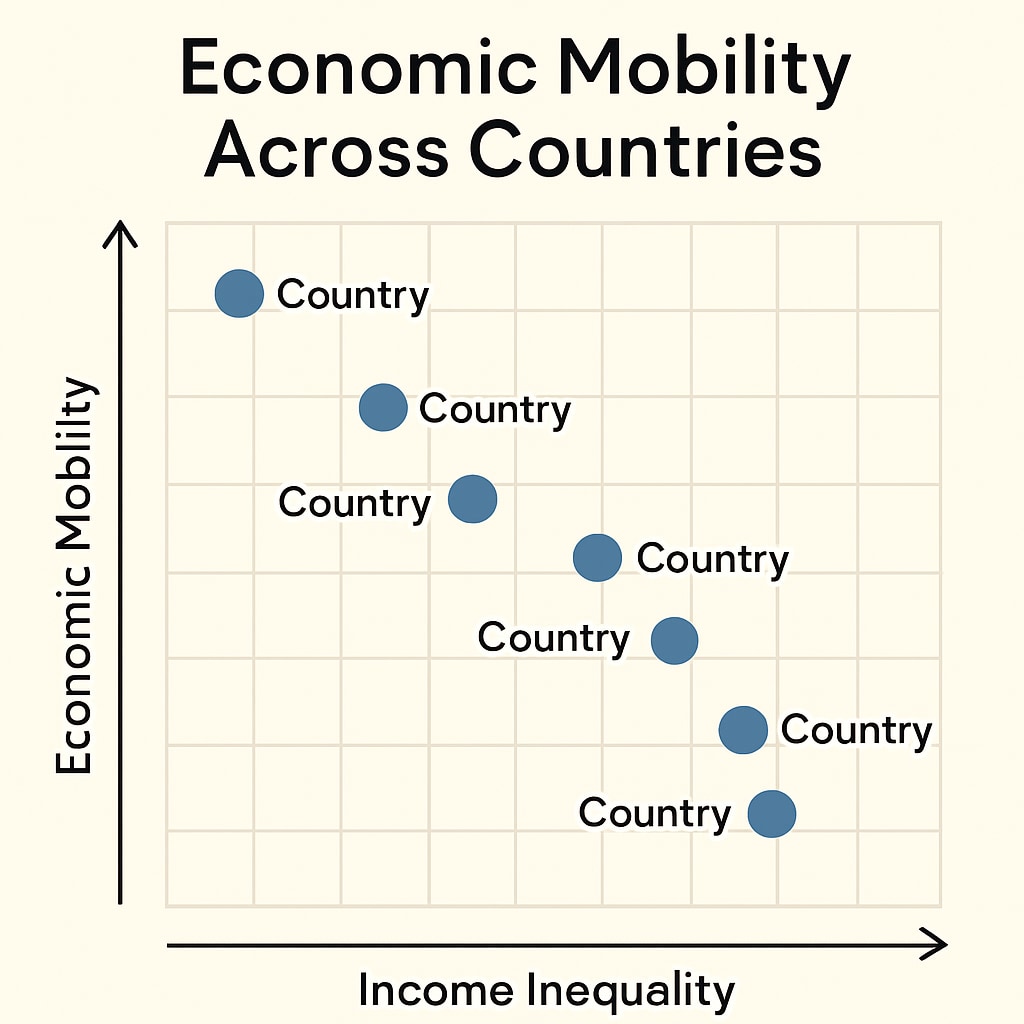 A graph showing economic mobility trends across different countries, highlighting disparities and opportunities. Economic mobility trends visualized on a graph, showcasing opportunities for change.