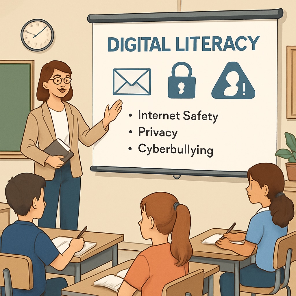 A classroom setting where a teacher is guiding students on internet safety, with a projector displaying a A teacher conducting a digital literacy lesson in a classroom, addressing UK age verification and VPN concerns.