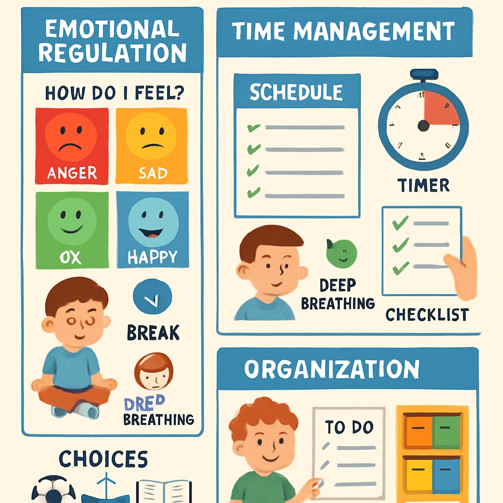 An infographic showing tools for emotional regulation and time management for ADHD and ASD children. Visual tools for emotional regulation and time management tailored for ADHD and ASD children.