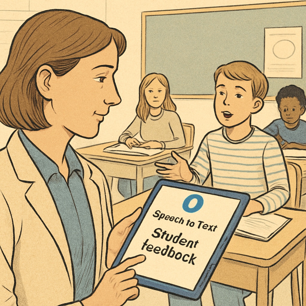 A teacher using a speech-to-text application on a tablet to transcribe student feedback in a classroom setting. A teacher using speech-to-text technology for classroom feedback transcription.