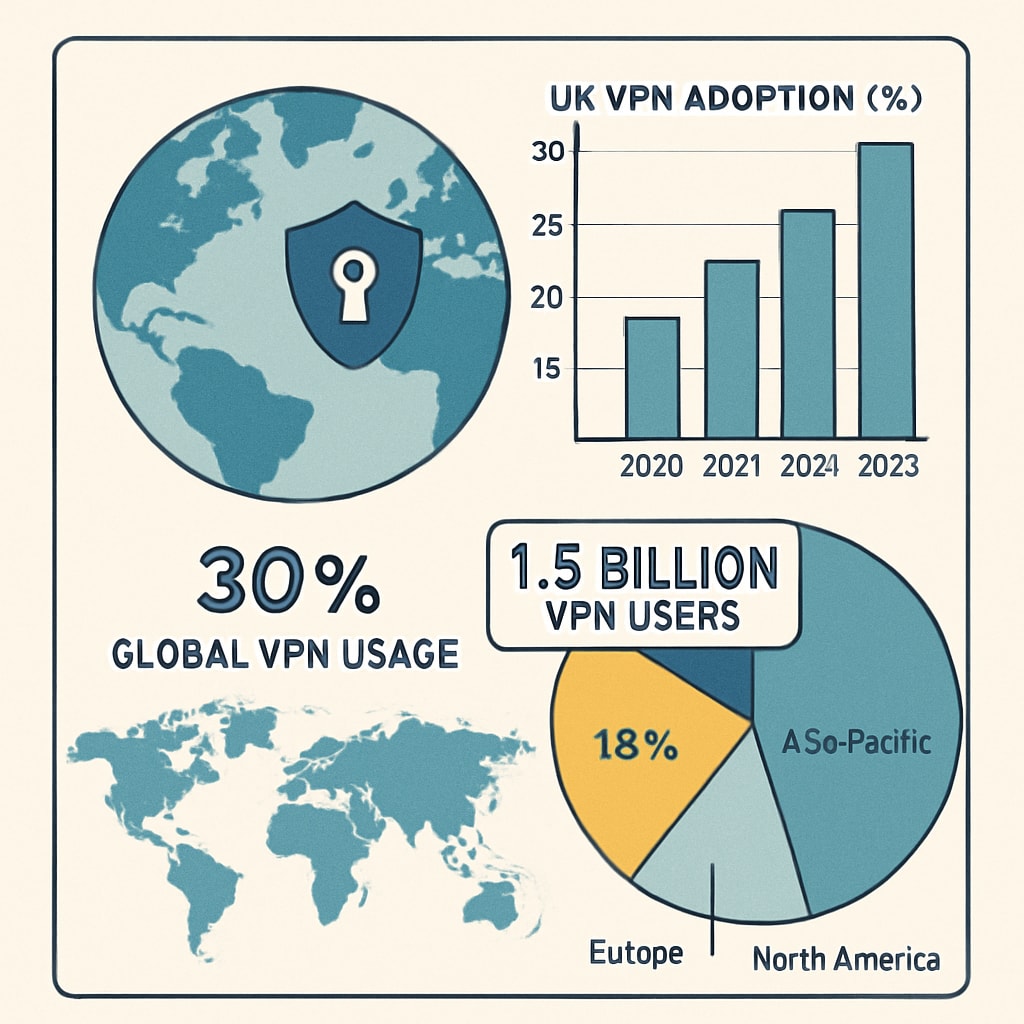 A visual representation of global VPN usage statistics, highlighting the UK's increasing adoption. A graph or chart displaying VPN usage statistics, with a focus on the UK's trends due to the age verification law.