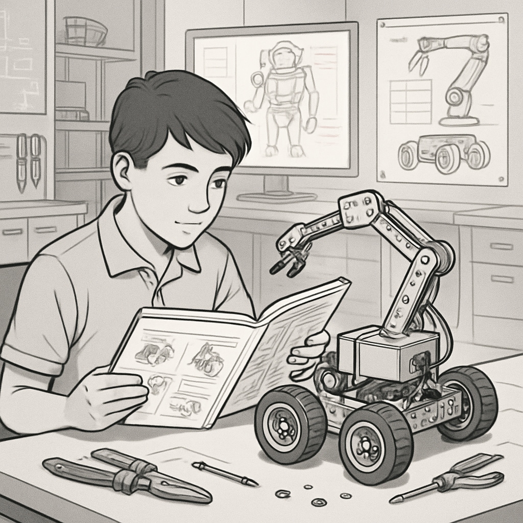 A student working on a robotics project while referencing a technical manual in a high-tech classroom. The image symbolizes the integration of vocational skills and academic knowledge. Student working on robotics project in a classroom, blending vocational and academic learning.