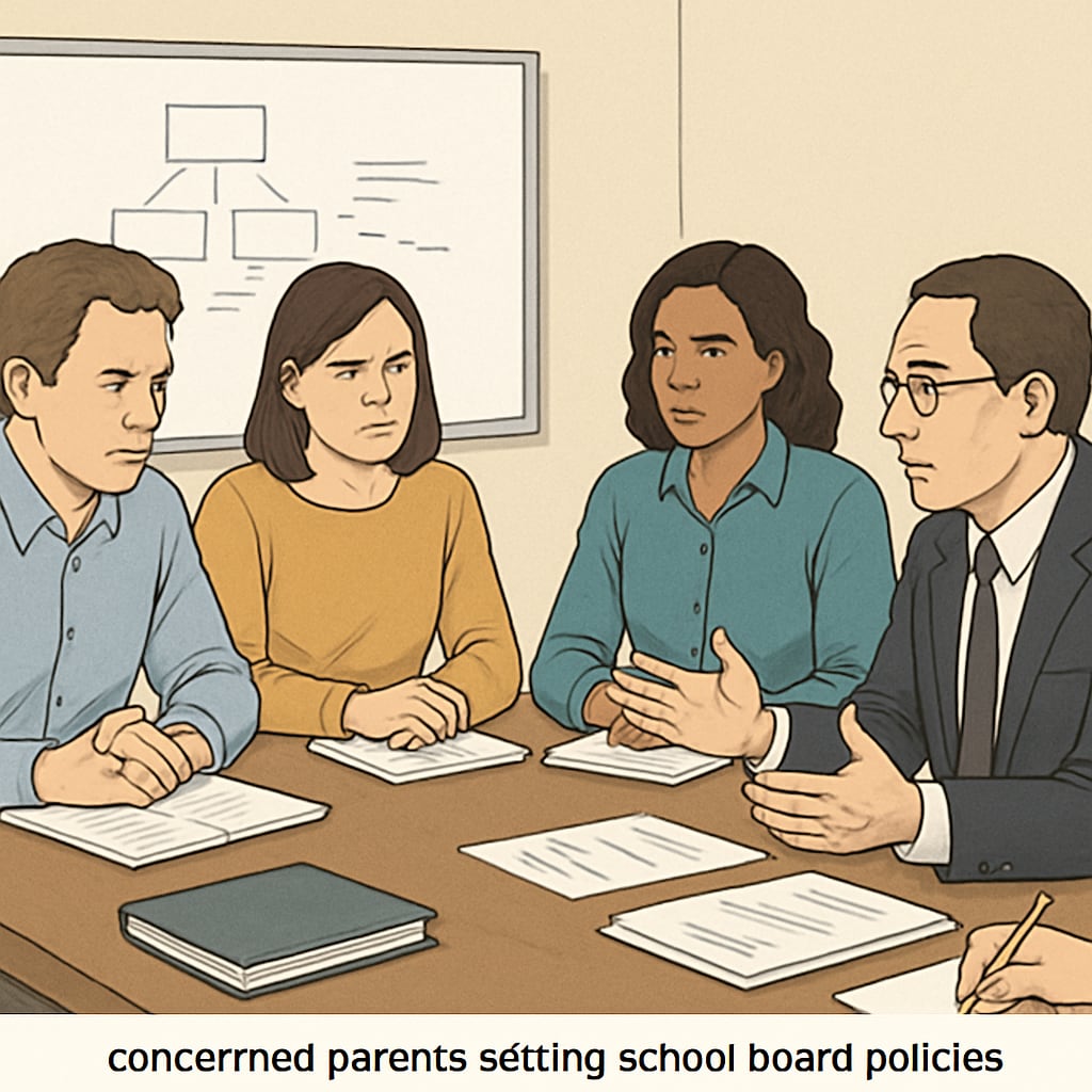 A group of concerned parents meeting with legal counsel to discuss school board policies related to removing board members. Parents consult legal counsel about removing a school board member with a history of child abuse.
