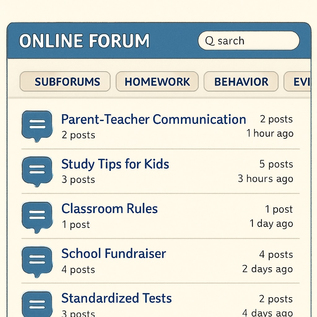 An online educational forum interface showing active discussions among teachers and parents. The layout highlights categorized subforums and a search bar for easy navigation. A screenshot of an educational forum promoting community rules, educational networks, and subforums.