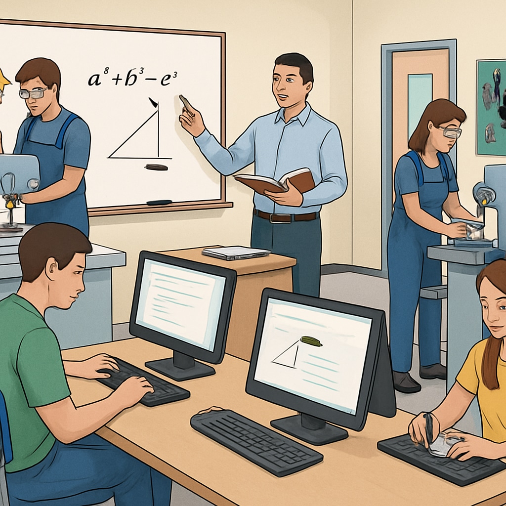 Students in a workshop classroom using computers and machinery, representing a blend of vocational training and academic instruction. Students combining computer-based learning with hands-on machinery training in a workshop.