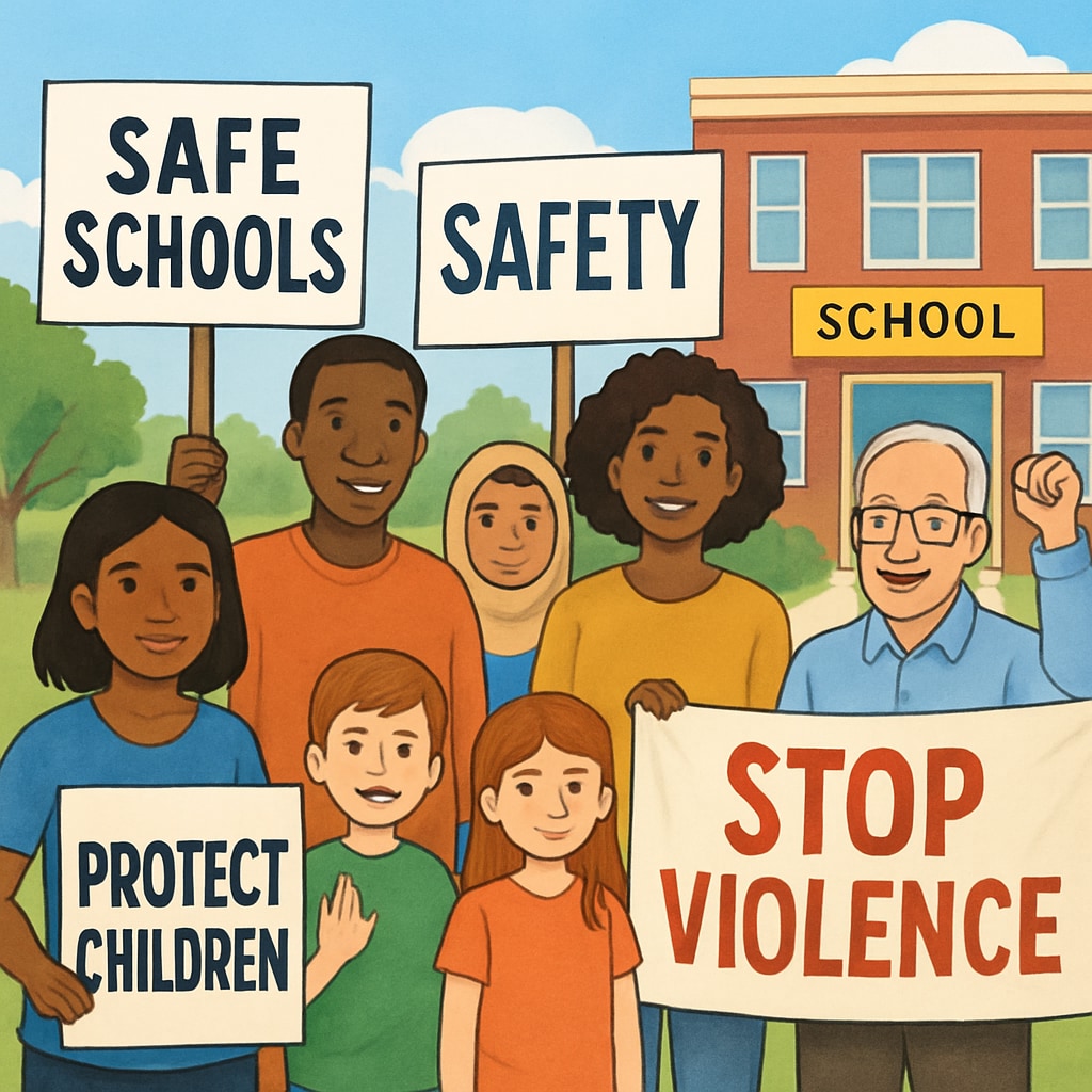 A diverse group of community members holding a peaceful rally to advocate for child safety in schools. Community members rallying to demand removal of a school board member with a history of child abuse.