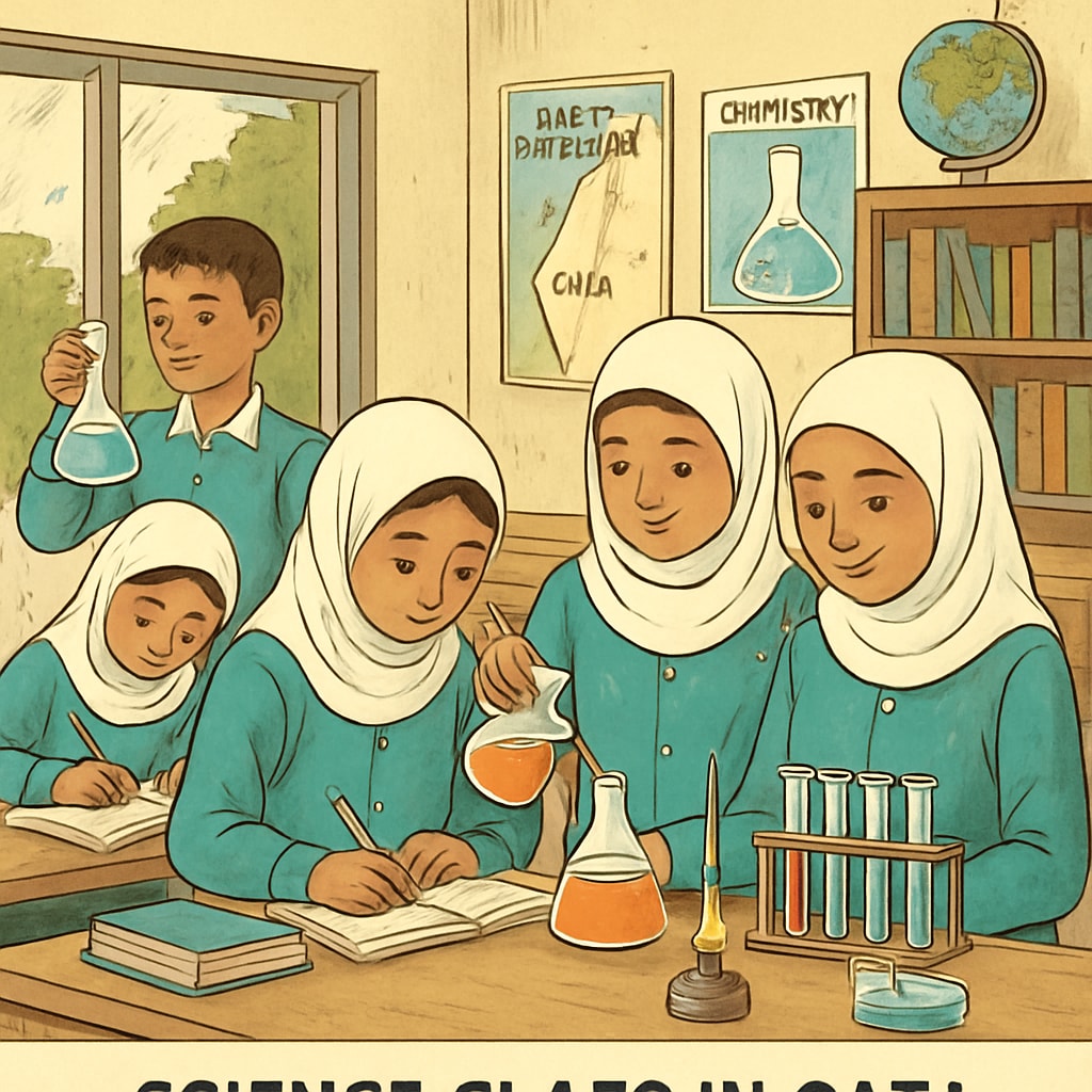 A classroom in Gaza with students engaging in science experiments, symbolizing resilience and hope. Students in a Gaza school conducting science experiments as part of their curriculum.