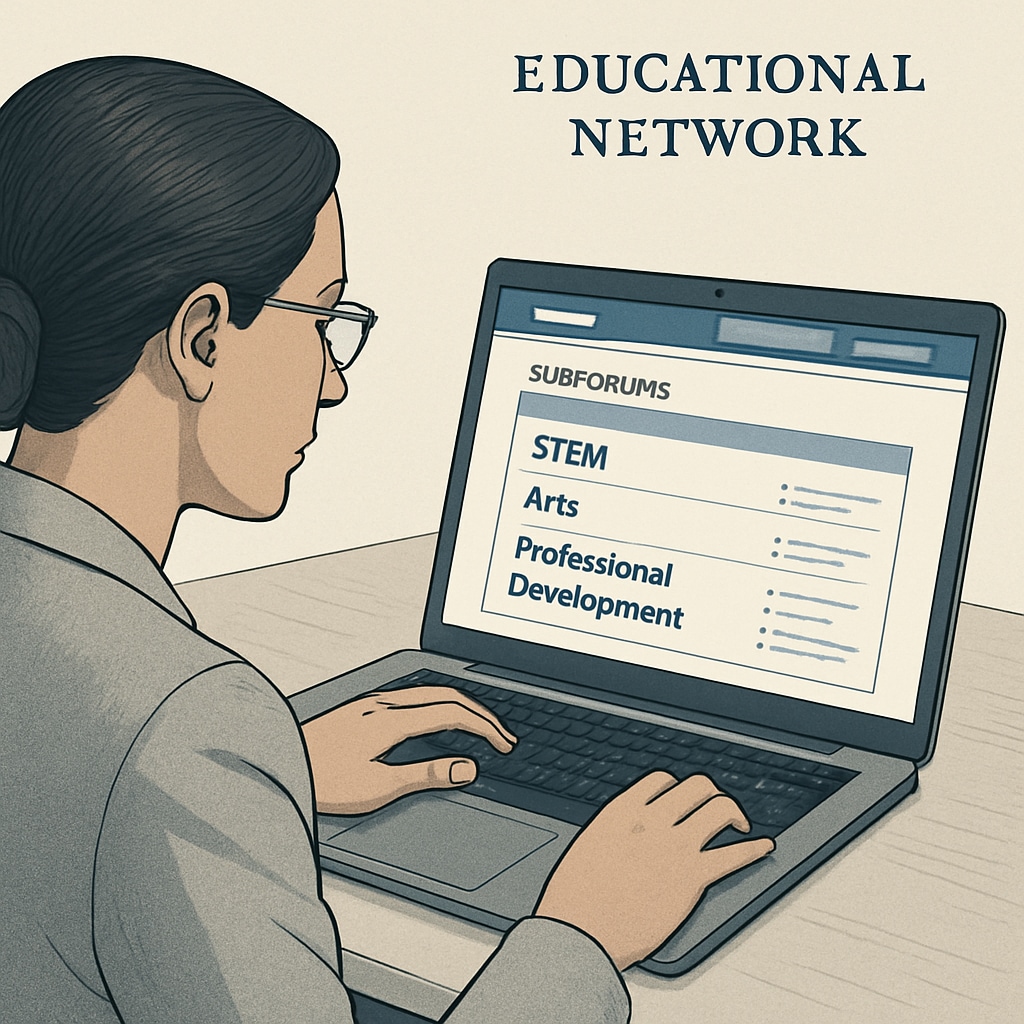 A teacher browsing an educational network on a laptop. The screen displays categorized subforums with topics such as STEM, arts, and professional development. A teacher exploring a categorized educational network for K12 resources and subforums.