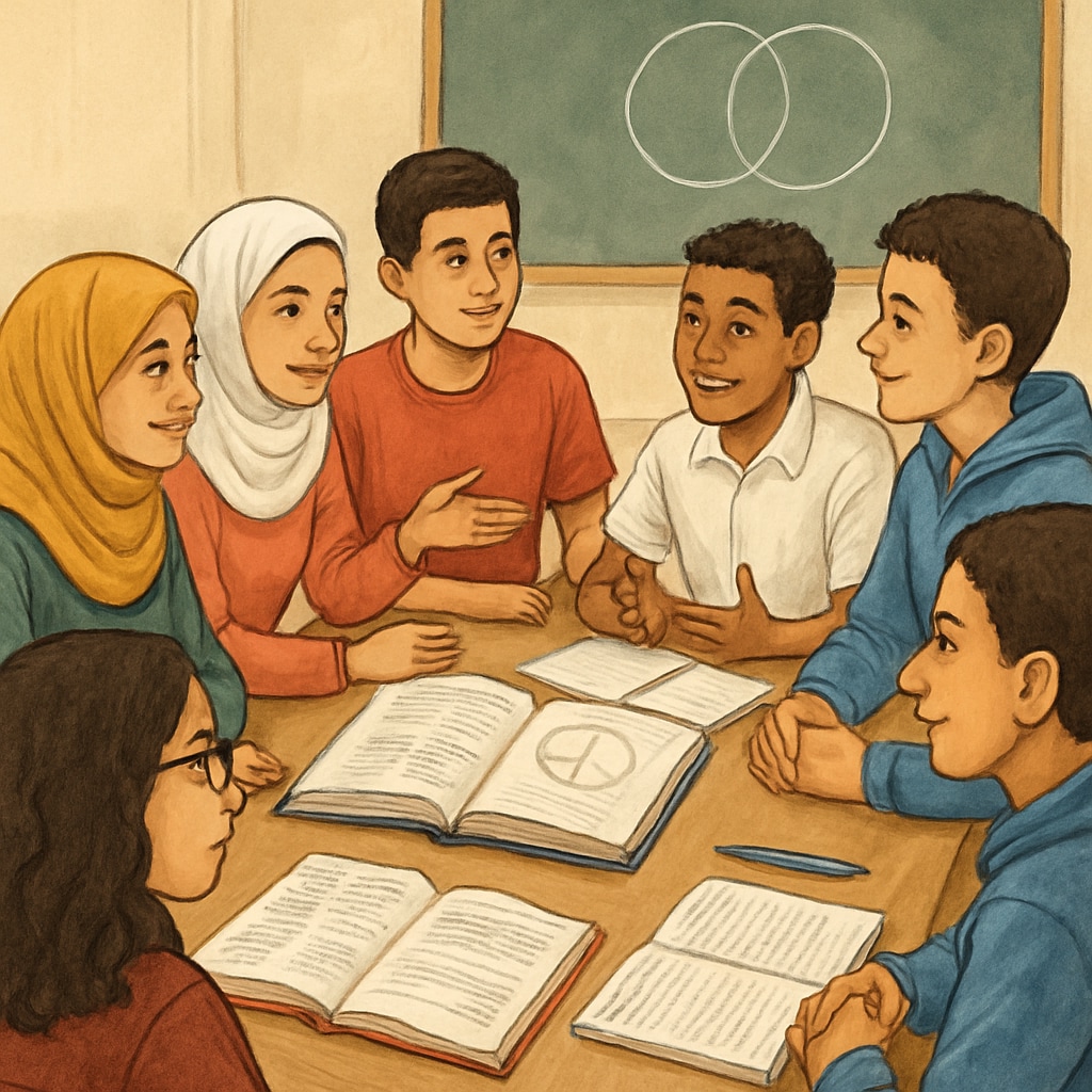 Students in Gaza participating in a peace education workshop, highlighting coexistence and mutual understanding. Gaza students learning peace education concepts through interactive workshops.