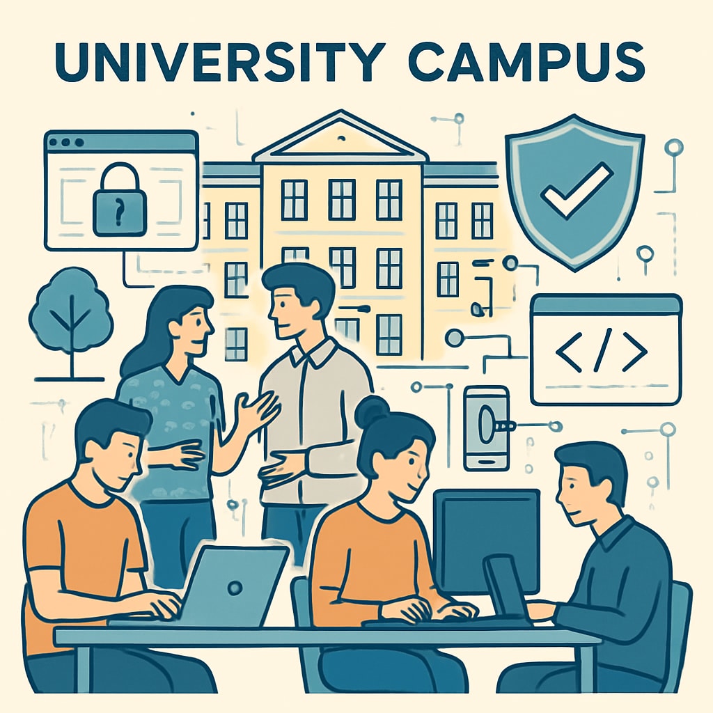 A university campus with students working on cybersecurity projects, symbolizing the connection between academic reputation and practical skills. University campus with cybersecurity students discussing projects.