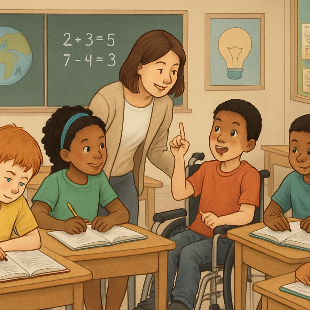 A classroom environment showing a diverse group of students learning, highlighting the inclusion of children with ADHD or special needs. Classroom with diverse students including ADHD learners.