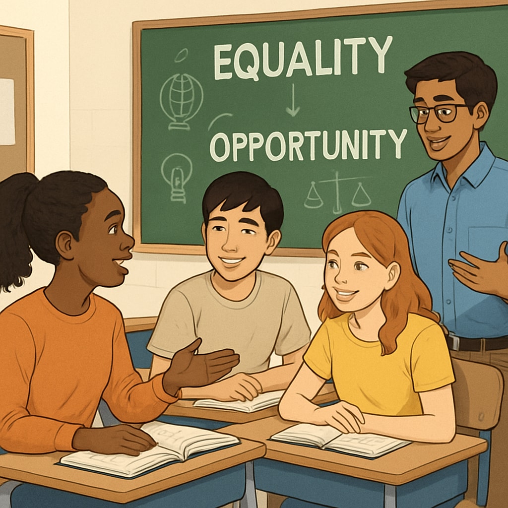 A classroom with diverse students engaged in a discussion about equality and opportunity, symbolizing how education can be a platform for change. Students in a classroom discussing equality and social mobility.