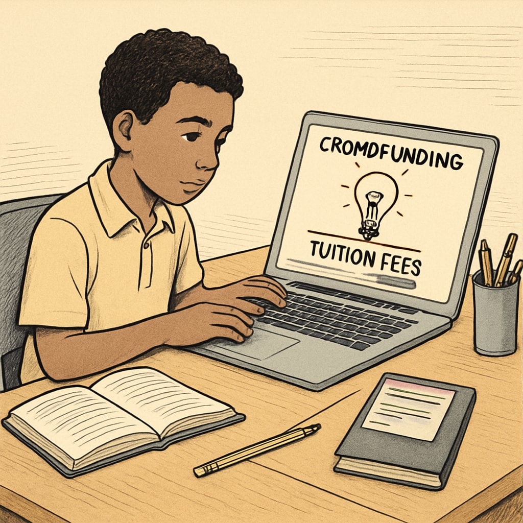 A young student sitting at a desk with a laptop, creating a crowdfunding campaign to raise funds for tuition fees. Student creating a crowdfunding campaign to address tuition fees and financial hardship.