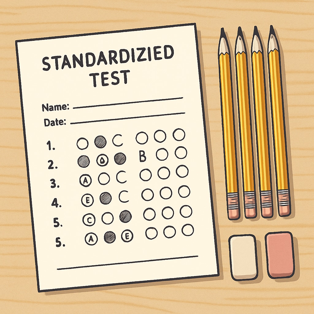 A standardized test sheet with pencils and erasers, symbolizing the rigidity of traditional assessment methods. Standardized test sheet with pencils, representing traditional exams.