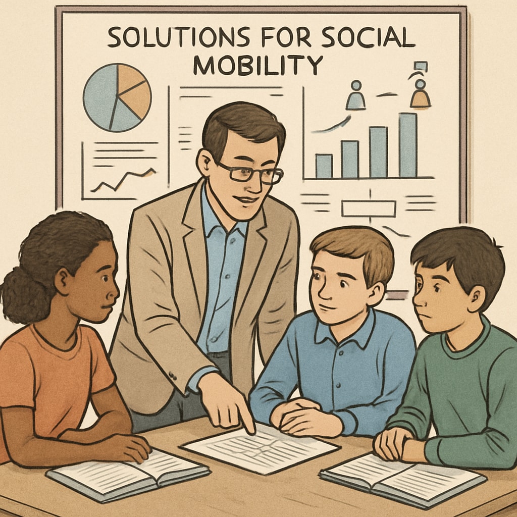 A teacher guiding students through a project on social mobility solutions, with charts and graphs in the background, illustrating a hands-on approach to learning about social structures. A teacher and students working on a project about social mobility solutions.